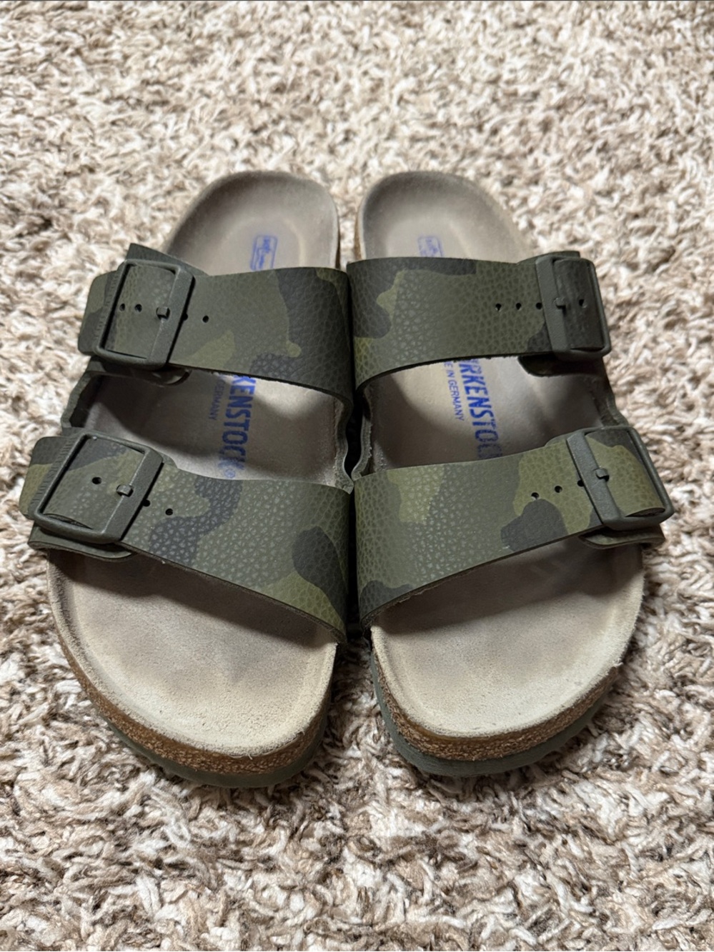 Birkenstock Women’s Two-Strap Camo Green Slide Sandals
